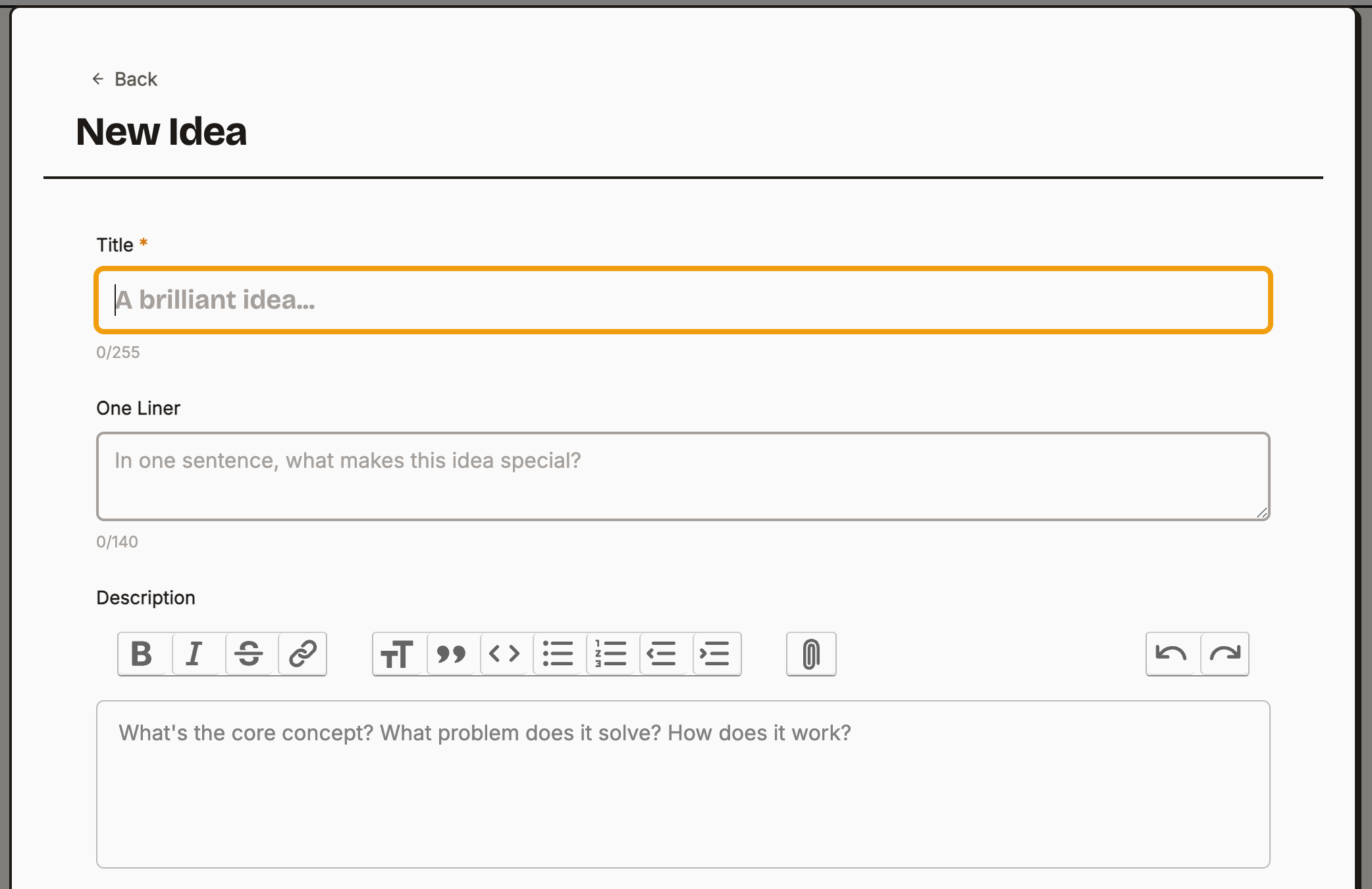 The new idea form in IdeaBadger with title, one-liner, description, and scoring sliders